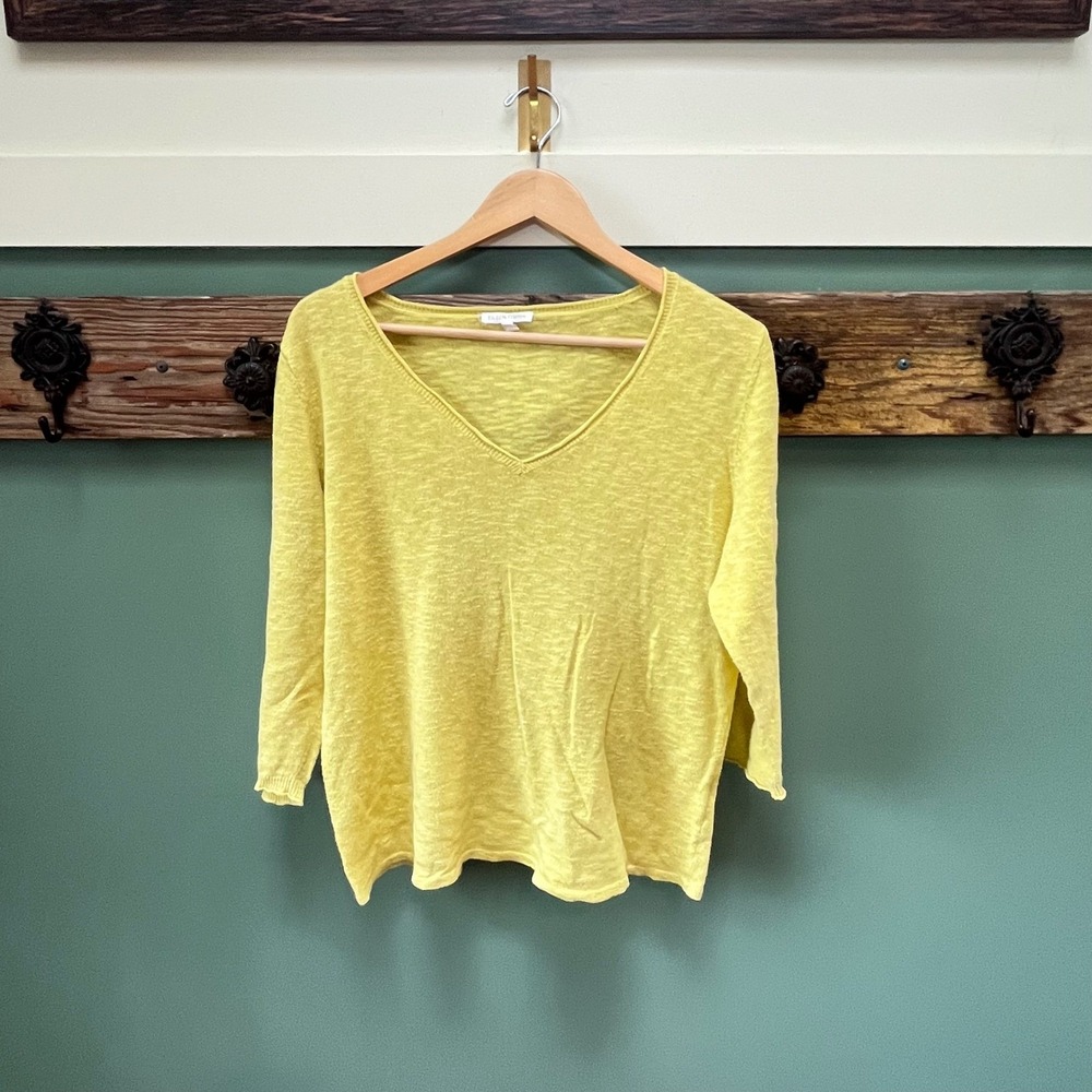 Eileen Fisher Womens Yellow Linen Cotton V-Neck 3/4 Sleeve Slub Knit Sweater L